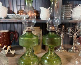 Pair of Plume & Atwood Risdon lime green oil lamps, minor fading of the green in areas 18"H