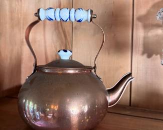 Decorative copper kettle with ceramic handles 8"H