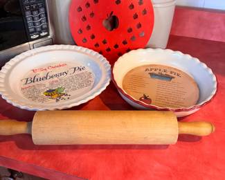 Betty Crocker Blueberry Pie, rolling pin, and Apple Pie recipe pie pan and apple crust cutter