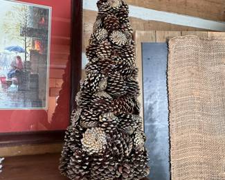 Gold-painted and glittered pinecone tree with mesh wire inner shaping 24"H