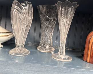 Trio of tall vintage clear glass vases including Bryce Admiral, Duncan & Miller Mardi Gras 10"H