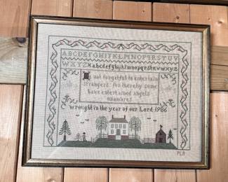 Cross stitch sampler 1986 'Be not forgetful to entertain strangers...'  17" x 20"