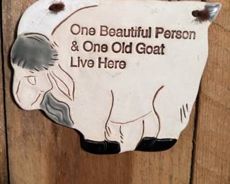 Pottery hanging plaque 'One beautiful person & one old goat live here' 6"H