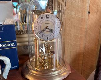 Benchmark W. Germany anniversary clock, battery-operated, spins easily, not tested with new batteries, glass dome 12"H