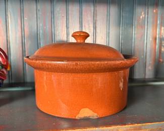 Covered redware casserole, chip to one edge on bottom 8.5"W