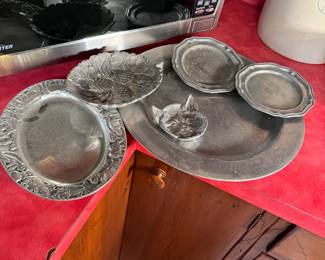 Group of pewter large plain tray 14" and medium African animal tray, pinecone & cat dish