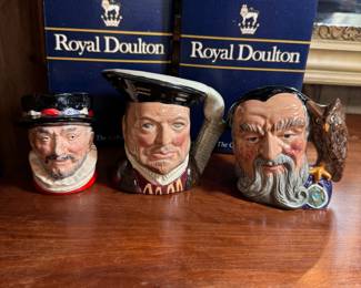 Group of 3 Royal Doulton Toby mugs, Beefeater, Henry VIII, and Merlin, largest is 4"H