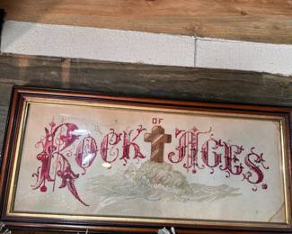 Victorian punch paper motto sampler 'Rock of Ages' minor staining 11" x 23"