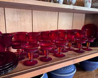 Lincoln Inn Fenton amberina ruby red goblets, champagne, and dessert plates
