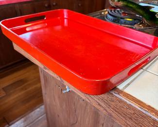Bright red heavy-weight serving tray, some wear 19" x 11"