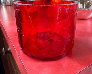 Blenko ruby crackle glass pillar candle holder 3"H