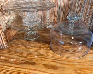 Two clear glass cake stands 12-13" and hand hand-blown cake cover