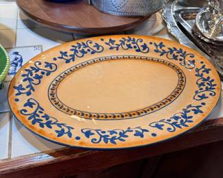 Lidia handpainted oval platter with blue vine border 18"L