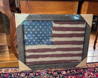 Burlap flag with chicken wire front in rustic frame, in package 28" x 22"