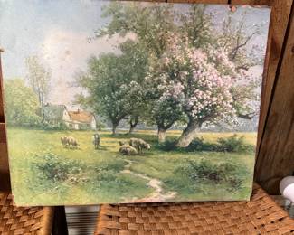 Antique print on paper (1907) pastoral scene with sheep by Carl Weber, print is fragile 17" x 19"