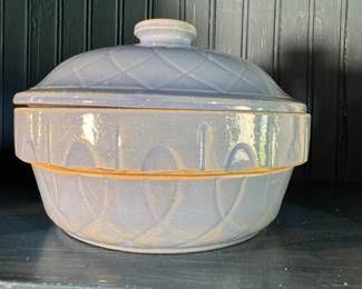 Wovenware pottery casserole in pale blue with lid 8"W