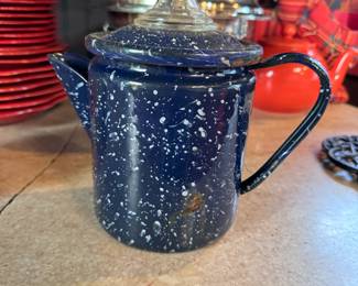 Blue speckled enameled metal personal-size coffee percolator, no insert,  6"H