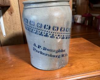 A.P. Donaghho, Parkersburg, W.VA decorated crock has a long crack from front to bottom, is intact, 11"H