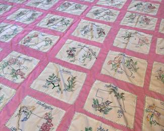 Quilt topper sheet, state bird and flower squares with embroidered edges  8ft x 5ft 9in