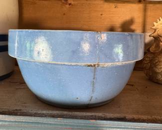 Yellow ware bowl with blue finish, has a long but stable hairline 10"W