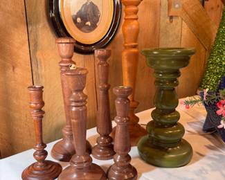 Grouping of wooden candlestick and pillar candle holders, tallest is 16"
