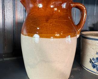 Brown and tan glazed pitcher 8"H