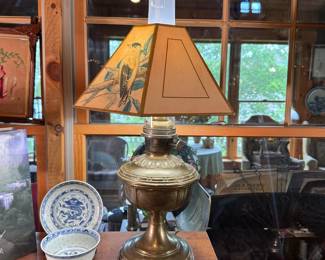 Aladdin brass converted mantle lamp No. 7 with paper shade 24"H x 13"W