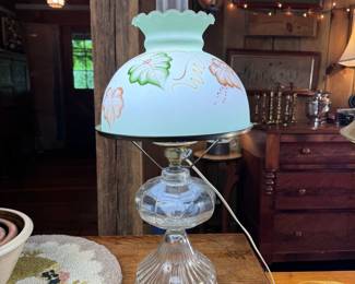 Converted lantern with hand-painted pale green shade 20"H