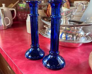 Cobalt glass candlesticks 8"
