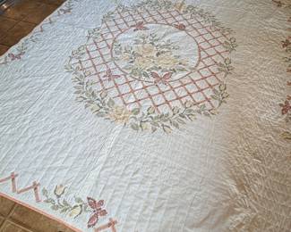 Yellow rose trellis cross stitch lightweight quilt 94" x 80"