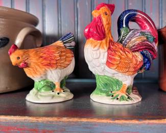 Porcelain hen and rooster salt & pepper shakers 5"H