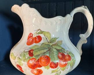 Vodrey china pitcher with cherries, some crazing, chip on lip, and an intact hairline 7"H