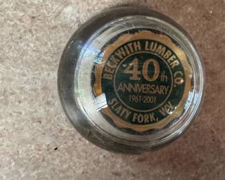 Beckwith Lumber, Slaty Fork, WV 40th anniversary glass paperweight 2.5"