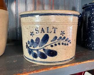 Large, decorated salt glazed 'Salt' crock, signed 4.5"H x 5.5"W