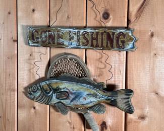 Gone Fishing wooden wall plaque on wire 18"H x 15"W
