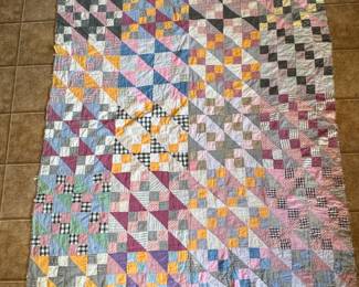 Diamond and triangle piece quilt, some thinning to front, back shows wear and tear, 66" x 72"