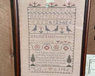 Cross stitch sampler 1986, 'That if thou shalt confess with thy mouth...' 15" x 12"
