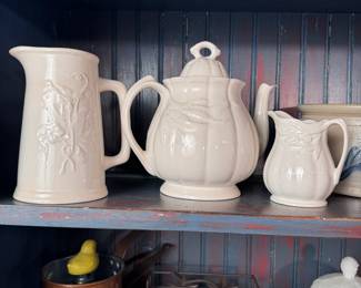 Wm. Adams English Stoneware pitcher, teapot (has a minor hairline on bottom of handle), and creamer