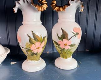 Victorian-style pair of hand-painted opaque white vases with ruffled top embellished in gold 9"H