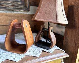 Wooden stirrup and converted stirrup lamp