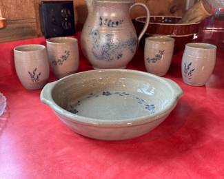 Jugtown Ware salt glaze pottery baking dish, cups, and pitcher 7.5"