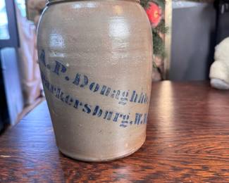 A.P. Donaghho Parkersburg, WV crock, has a long intact hairline from side to bottom 8"H