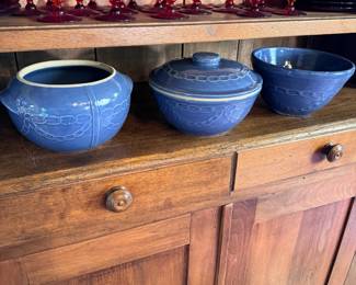 Three blue chain link stoneware - pot, casserole (lid has a minor chip), and bowl 8"W