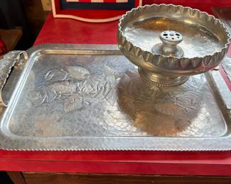 Hammered aluminum footed nut dish and 18" tray