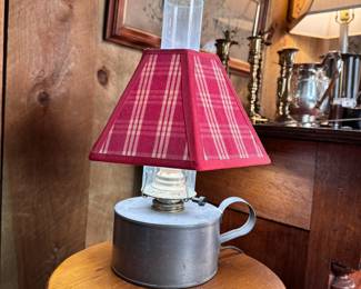 Tin cup lantern accent lamp with red plaid shade 14"H x 9"W