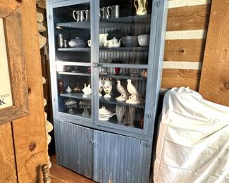 One-piece antique cupboard with blue overpaint 6ft 10 in H x 52in W x 12in D