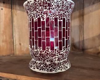 Ruby red mosaic pillar candle holder 8"H