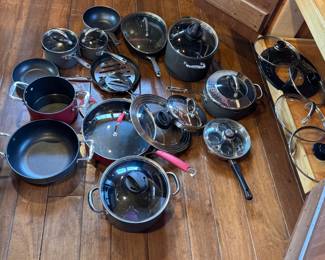 Mixed lot of pans and pots, most with lids and nonstick, some wear 