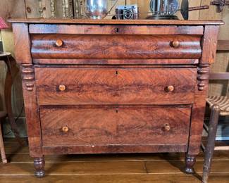 Empire three-drawer flame mahogany and oak chest, does have some loss of veneer (mostly lower front) and appropriate signs of age 34"H x 40" x 19"D