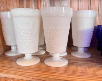 Milk glass grapes pattern stemware, set of 10